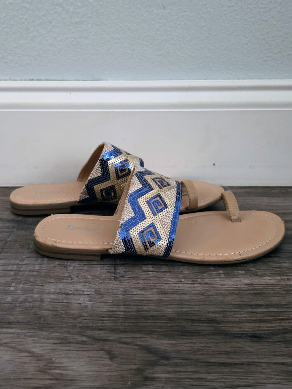 Limelight Blue and Gold Beaded Slide Sandals